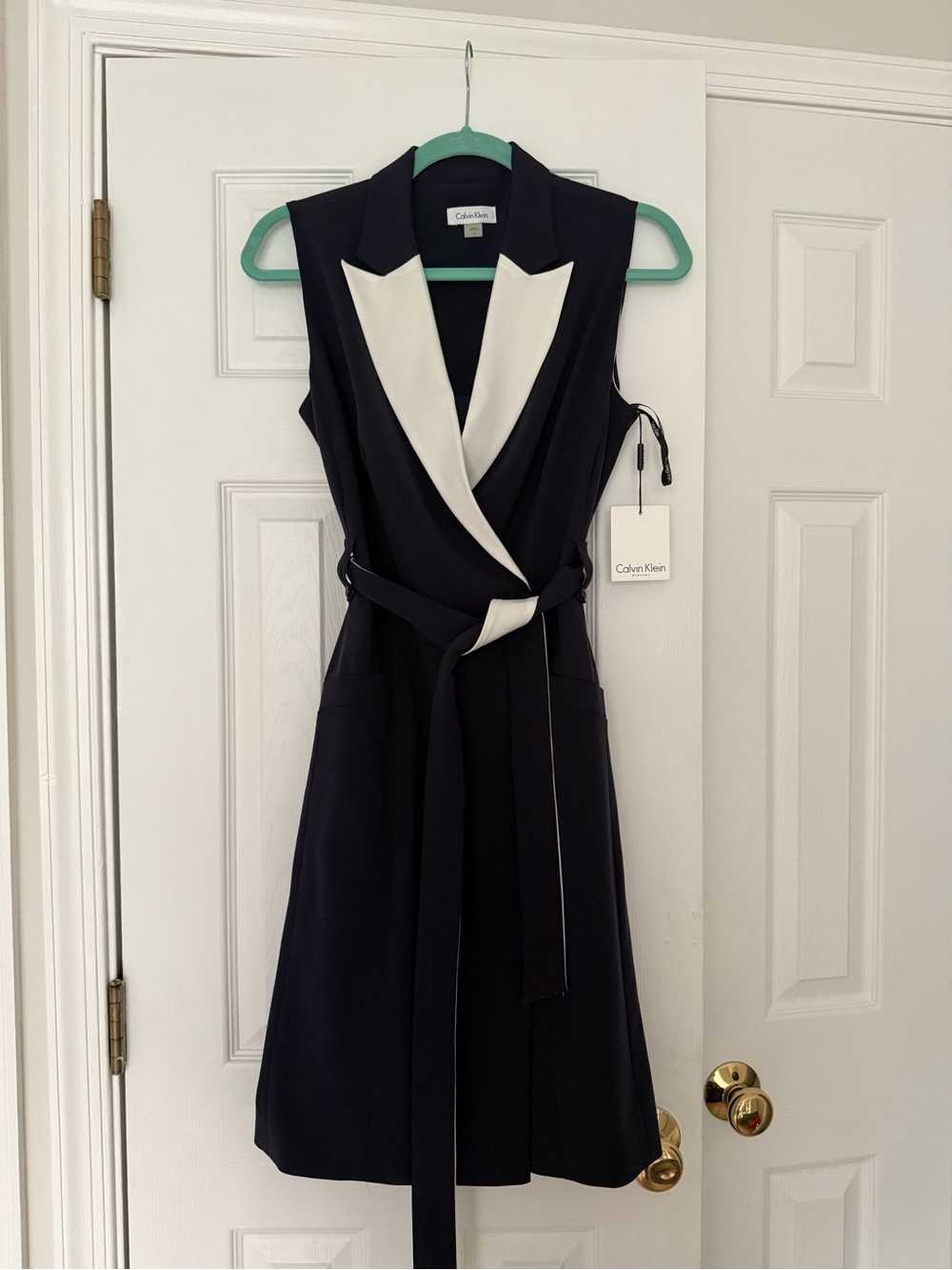 Calvin Klein Navy & White Sleeveless Wrap Dress